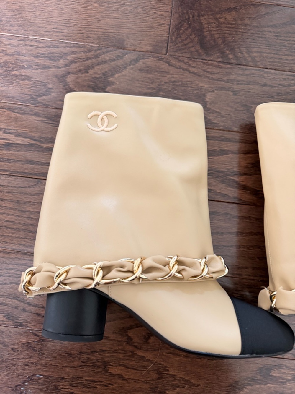 CHANEL Beige Leather Mid-Calf Boots with Black Cap Toe & Gold Chain - Picture 3 of 9